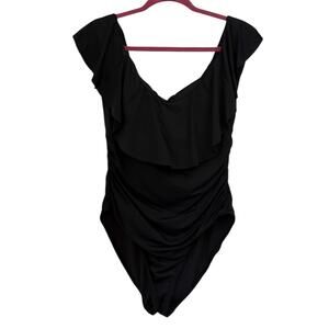 La Blanca Black One Piece Swimsuit Ruffle Lace Up Back Ruched Womens 12